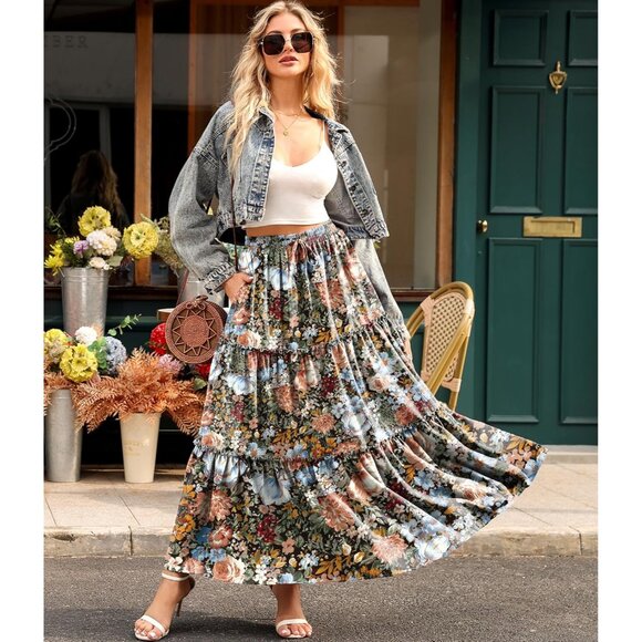 Versatile Floor Length Floral Maxi Skirt with Pleated Design for All Seasons - Picture 5 of 6